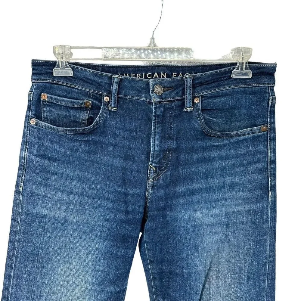 American Eagle Slim Straight Jeans Airflex Blue Denim Mens Size 31x32 Distressed
